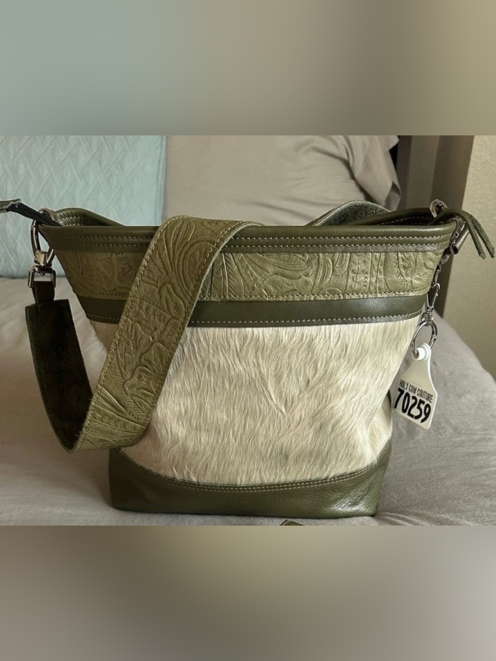 Holy Cow Couture sage green large messenger